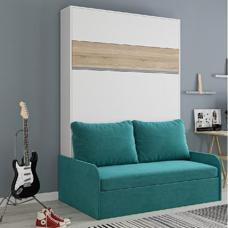 Armoire lit escamotable Bermudes Sofa - Blanc bandeau chêne - Canapé bleu azur 140x200 cm_0