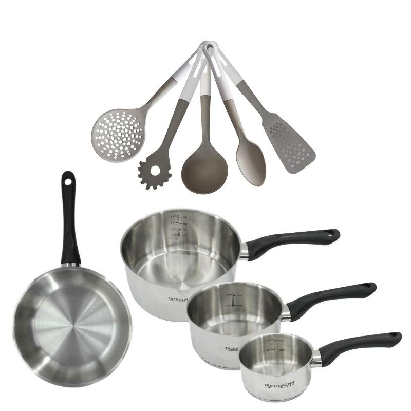 Batterie de cuisine avec 3 casseroles 12/16/20 cm et 1 poêle 20 cm avec 5 ustensiles de cuisine Fackelmann Généva Vario - gris inox 3176239922257_0