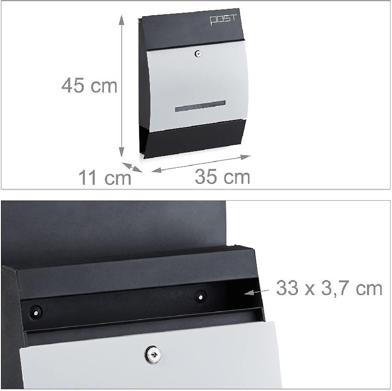 Boîte aux lettres murale design avec compartiment à journaux - Noir et blanc - Métal acier galvanisé_0