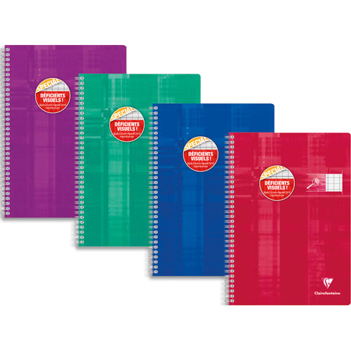 CAHIER A SPIRALE CLAIREFONTAINE - 21 X 29,7 CM - 100 PAGES SEYES - EN CARTE POUR DEFICIENT VISUEL - COLORIS ASSORTIS