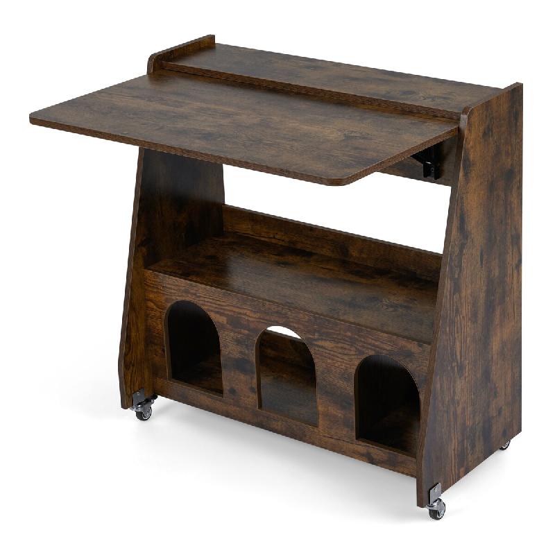 COSTWAY Pupitre Mobile avec Roues, Bureau avec Plateau Pliable, Étagère et Compartiments, pour PC, Gain de Place - marron Bois manufacturé ON33248OR_0