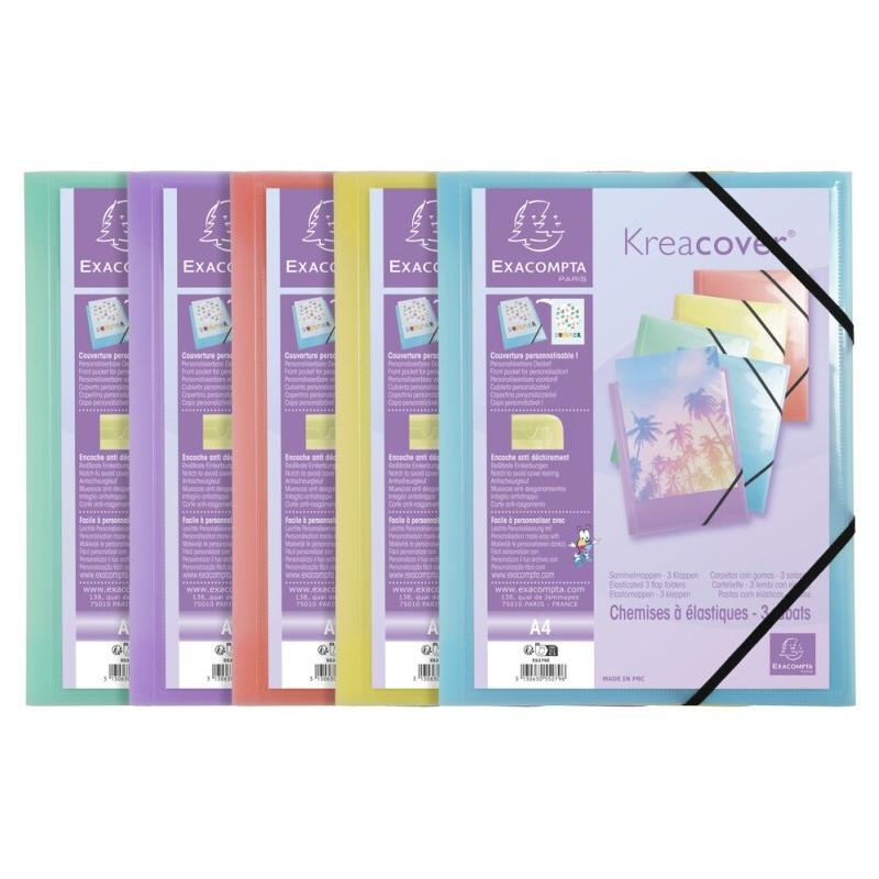 Exacompta Lot de 25 Chemise à élastique 3 rabats KREACOVER polypro, personnalisable, coloris pastels assortis (5) - 3130630552796_0