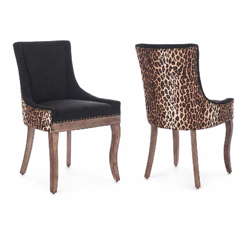 Merax Lot de 2 chaises rembourrées , chaise de salle à manger en tissu, dossier léopard, chenille noire + pieds en bois d'hévéa de couleur nature_0