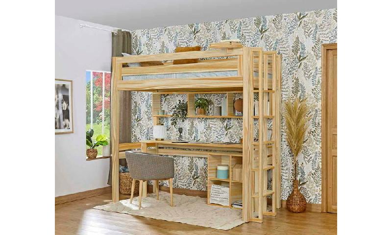 PACK LIT MEZZANINE ADAM + MATELAS  BOIS NATUREL 90X190 CM/OPT:ECHELLE PETIT CÔTÉ