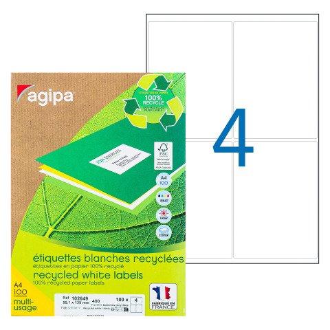 ETIQUETTE ADRESSE JET D'ENCRE ET LASER RECYCLÉE 99,1 X 139 MM AGIPA 102649 BLANCHE - BOÎTE DE 400