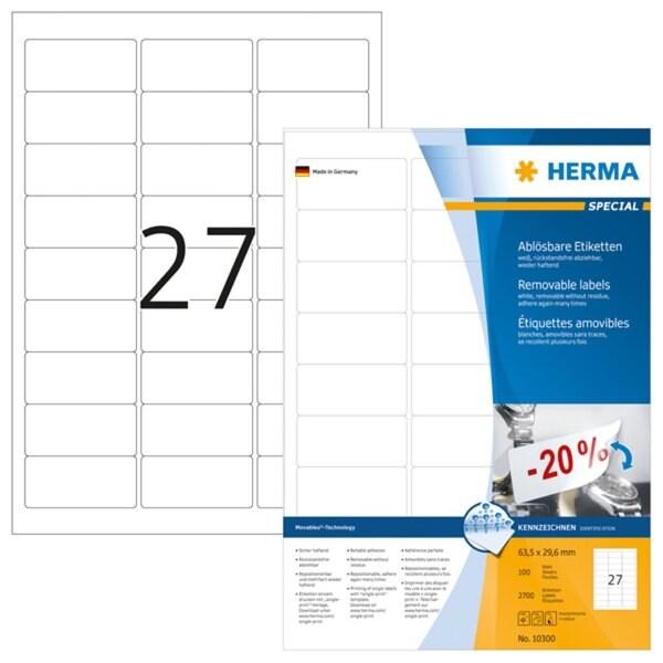 HERMA 2700 étiquettes blanches Movables®, format 63,5 x 29,6 mm (100 feuilles A4 / cdt) - blanc 10300_0