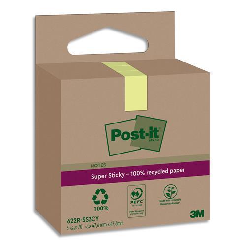 LOT DE 3 BLOCS NOTES SUPER STICKY POST-IT RECYCLEES - 47,6X47,6 MM - JAUNE PASTEL