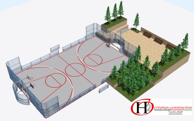 Terrain multisport paysager modèle 2 - système Babylone pour basket, mini-foot, handball, volley et badminton_0