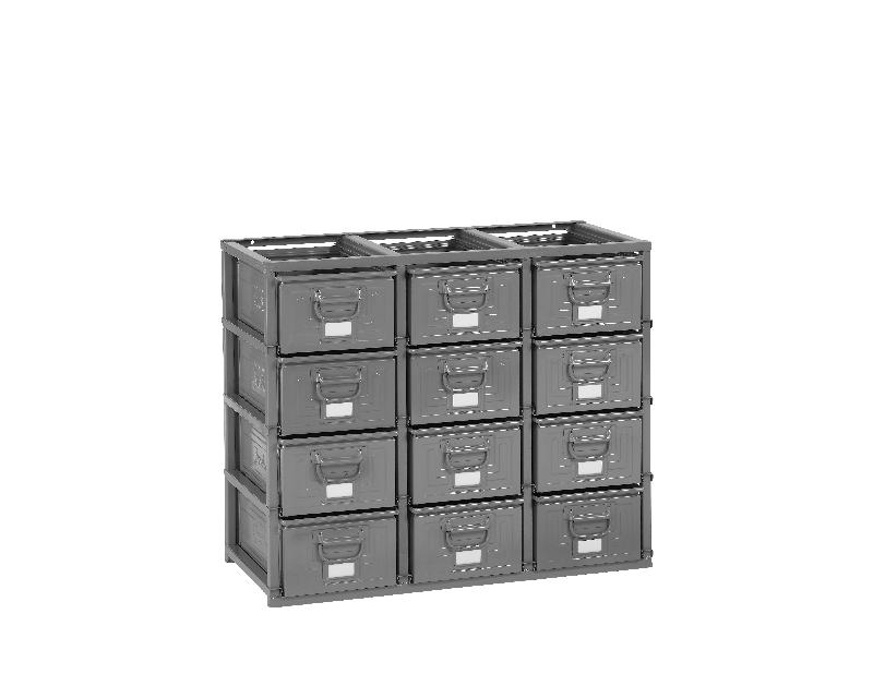 Rack de rangement 12 postes avec caisses métalliques vernies 27 litres_0