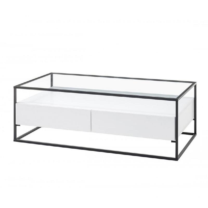 Table basse design Edmonton 120 cm - Blanc mat - Plateau verre trempé - Piètement acier époxy - 2 tiroirs_0