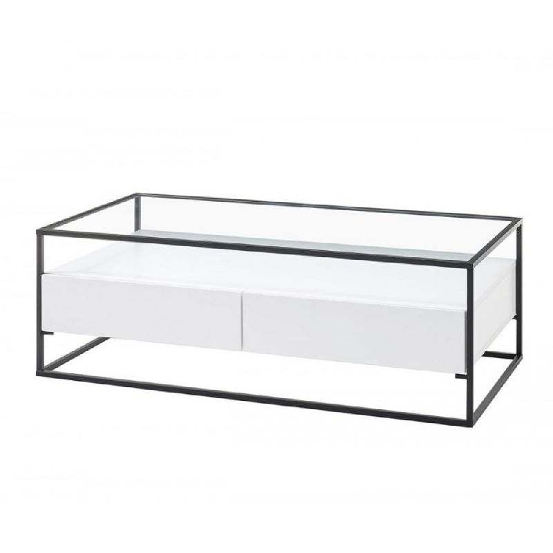 TABLE BASSE DESIGN 120 CM EDMONTON BLANC PIETEMENT ACIER ÉPOXY 2 TIROIRS_0