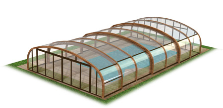 Abri de piscine motorisé avec structure en bois naturel