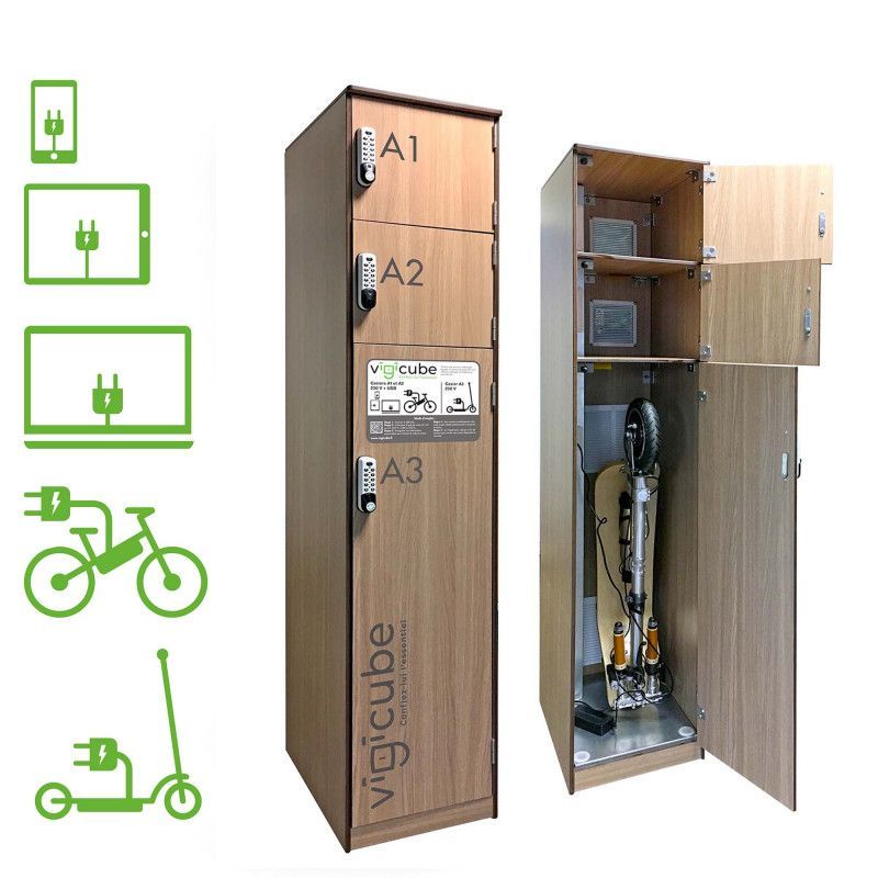 ARMOIRE de RECHARGE pour tous les types d'appareils électroniques : trottinette, vélo, smartphones, tablettes, ordinateurs portables-  VIGICUBE BOIS_0