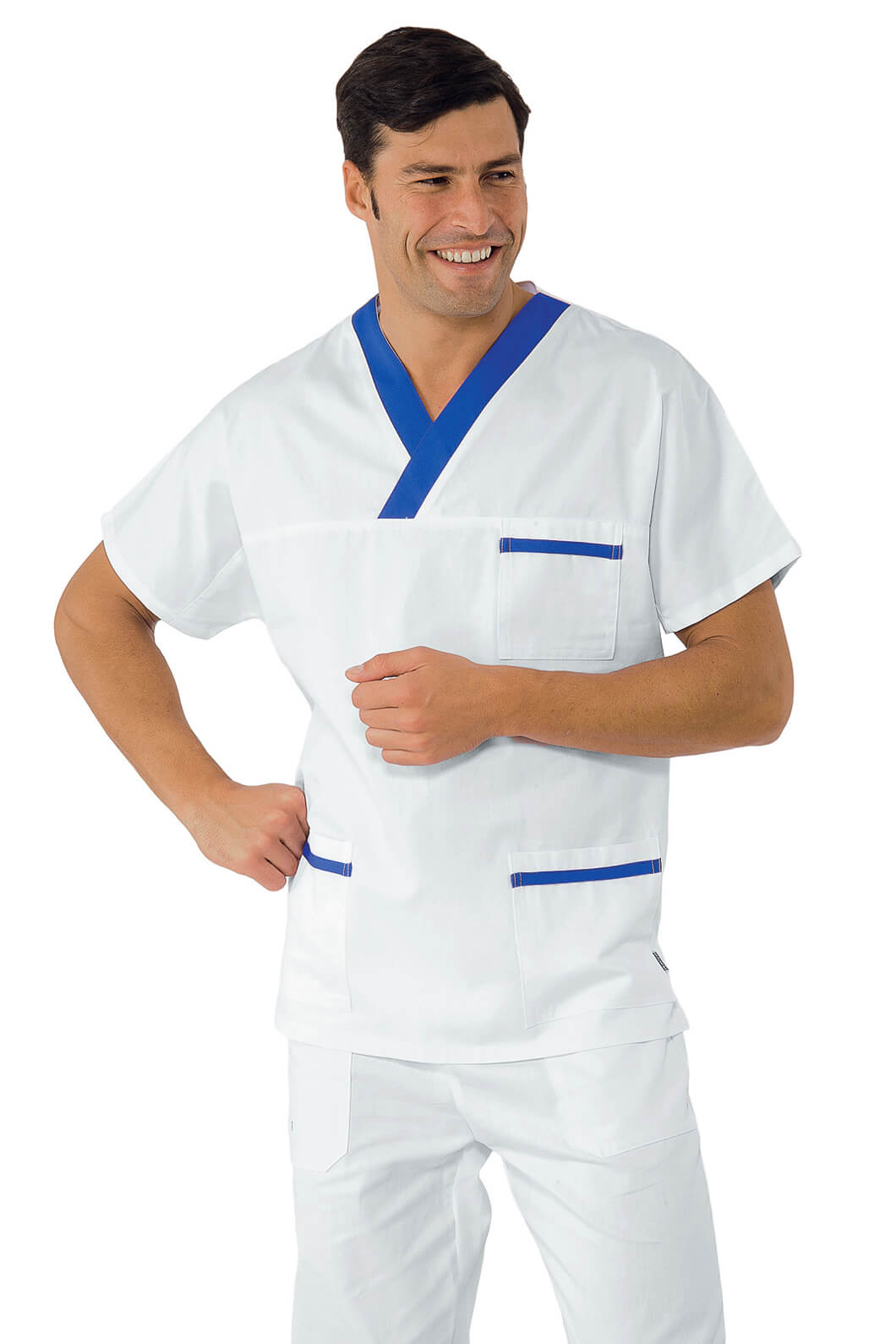 CASAQUE MÉDICALE COL EN V 100% COTON UNISEXE BLANC BLEU CYAN