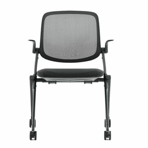 Fauteuil visiteur VISI - dossier en filet, assise rabattable, structure noire sur roulettes - Neuf_0