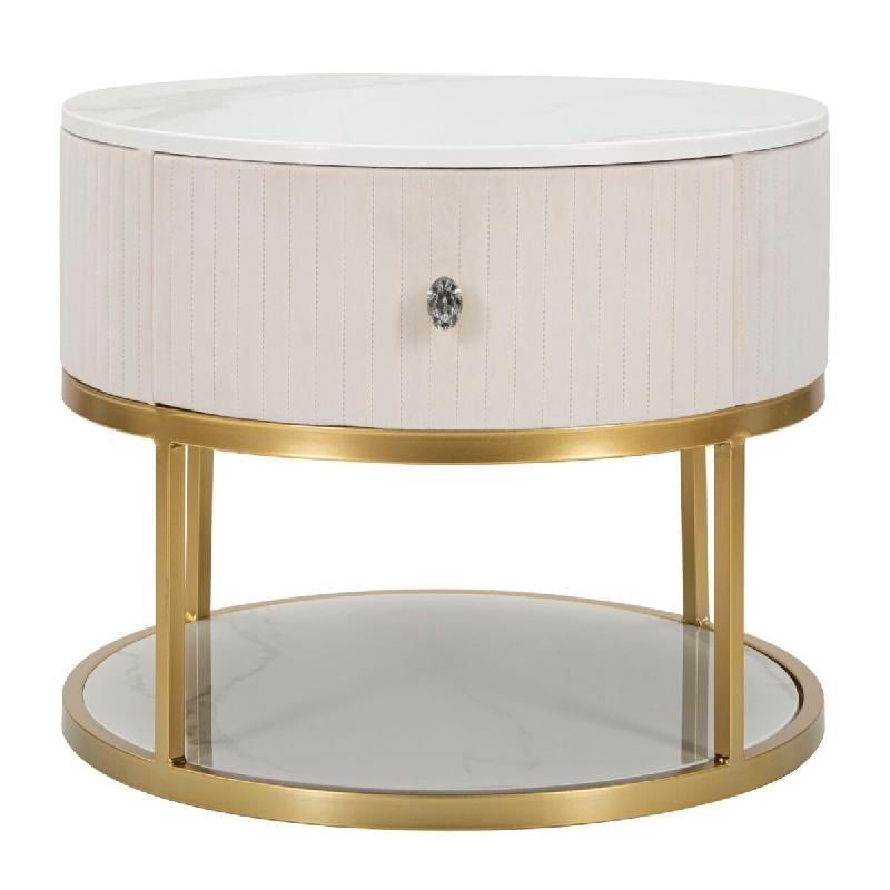 Mauro Ferretti Table Basse Montpellier Crème - Ronde, Design En Métal Doré Effet Marbre, Tiroir Intégré Ø 75 X 36 Cm - Style Glamour - 142612000C_0