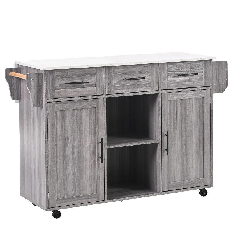 Merax Chariot de cuisine 139x46-71x91.5 cm, îlot mobile avec plan rabattable, 2 portes et 3 tiroirs, roulettes/pieds bois, gris - gris Bois manufactu_0