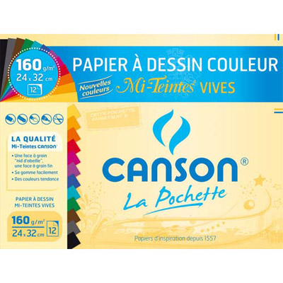 FEUILLES PAPIER DESSIN CANSON - MI-TEINTES - 160G - 24X32CM - ASSORTIS VIFS - POCHETTE DE 12