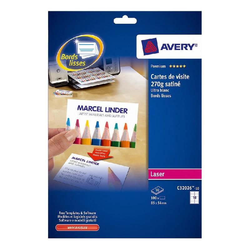 AVERY AVERY - C32026-10 - 100 CARTES DE VISITE BLANCHES À BORDS LISSES - 85 X 54 MM - IMPRESSION LASER