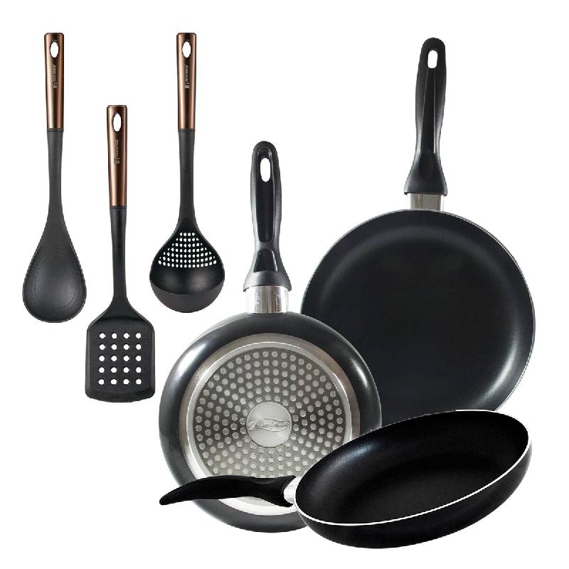 BERGNER - Jeu de 3 Poêles Aluminium Pressé Ø16/Ø20/Ø24 cm Compatible Induction Navy Black avec Set de 3 Ustensiles de Cuisine en PBT Noir et Cuiv_0
