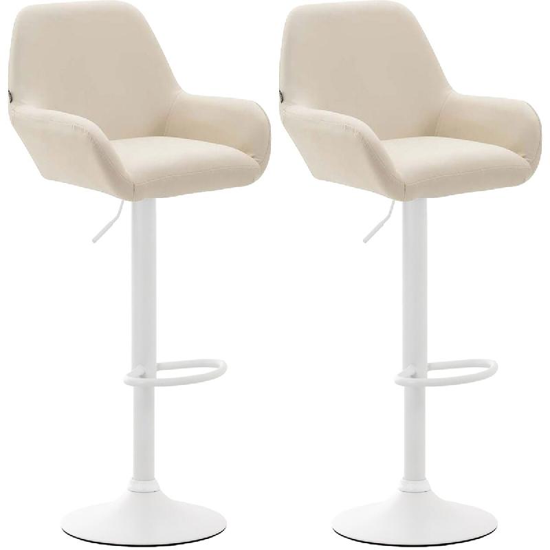 Décoshop26 - Lot de 2 tabourets de bar avec repose-pieds et accoudoirs en similicuir crème piètement en trompette métal blanc 10_0006056 - beige m_0