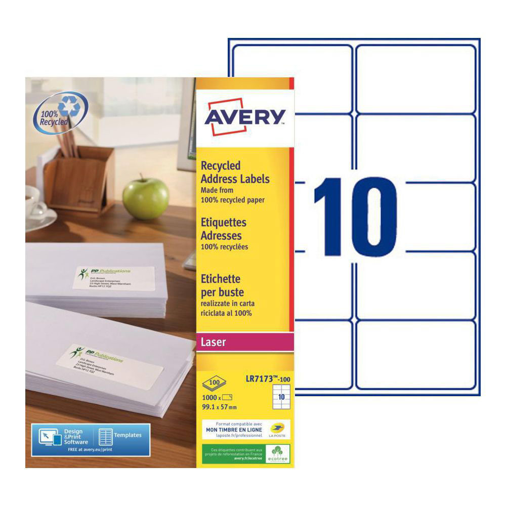 ÉTIQUETTES ADRESSES RECYCLEES LR7173 AVERY - POUR IMPRIMANTE LASER - 99,1 X 57 MM - BLANC - 1000 ETIQUETTES PAR BOÎTE