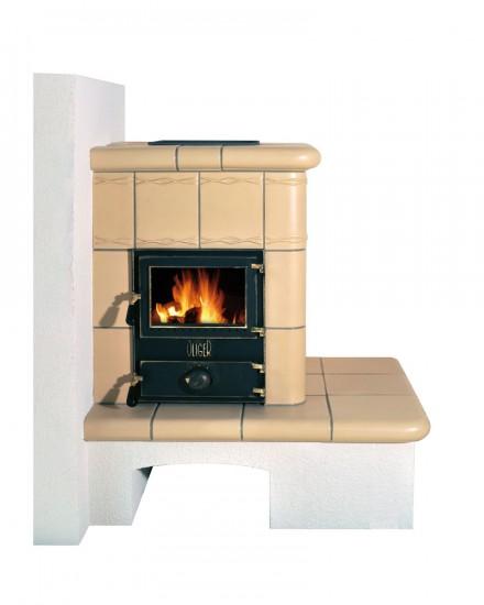 Poêle à bois Dania - écologique et performant - en faïence sur socle avec niche à bois_0