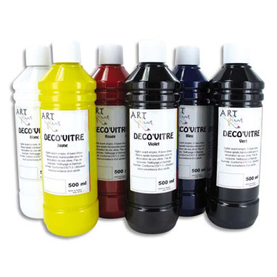 COFFRET DE PEINTURE DECO VITRE - BLANC, JAUNE, ROUGE, VIOLET, BLEU, VERT - 6 FLACONS DE 250 ML