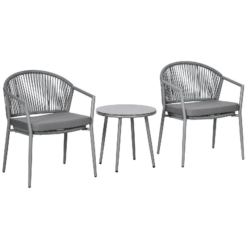 Merax salon de jardin 3 pièces avec 2 chaises, Table Basse et Coussins, meubles de balcon pour 2 Personnes, métal, Gris - gris multi-matériau T3323_0