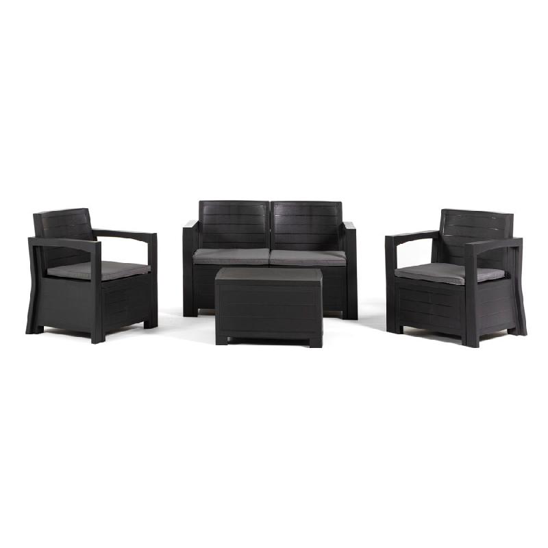 RATTATAN Lot de salon de jardin 4 places avec canapé, fauteuils, table basse de rangement et coussins en résine effet bois pour jardin, terrasse - L_0