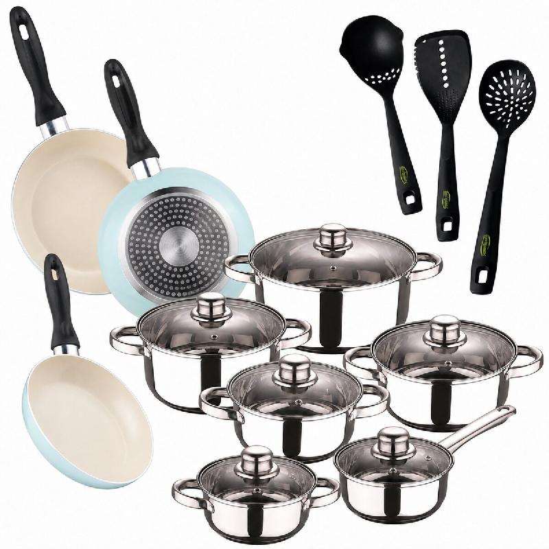 San Ignacio - Batterie de Cuisine Cassel 12 pièces en Acier Inoxydable avec 3 Poêles Ø16/20/24 cm et Set de 3 Ustensiles de Cuisine - PK11095_0