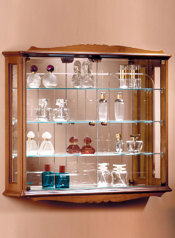 Vitrine murale bois DV45VA - merisier - 3 étagères réglables, porte avec serrure et fond miroir_0