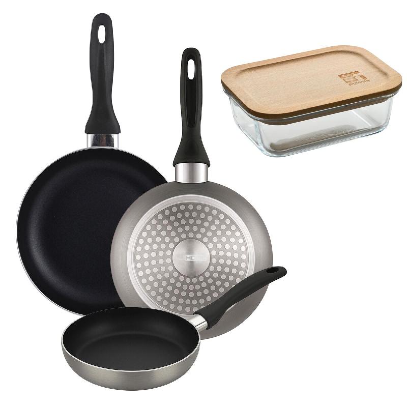 BERGNER - Set de 3 poêles Ø16/20/24cm en aluminium embouti couleur Gris métallisé avec boîte hermétique de 650 ml en verre borosilicate NATURALL_0