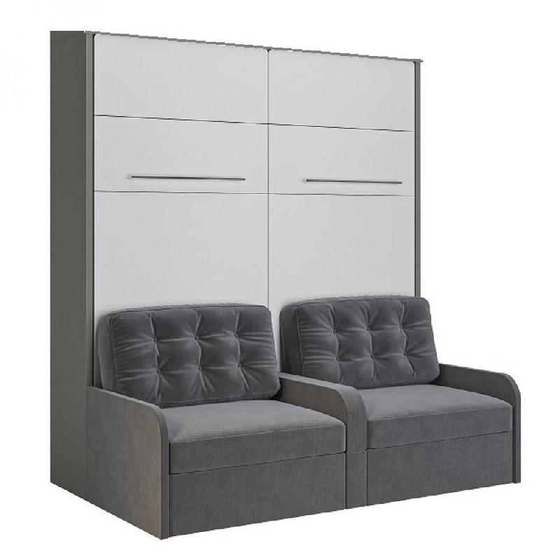 DUO SOFA ARMOIRE LIT ESCAMOTABLE CANAPÉ GRIS COUCHAGE 2 X 90/200 STRUCTURE GRIS FAÇADE BLANC_0