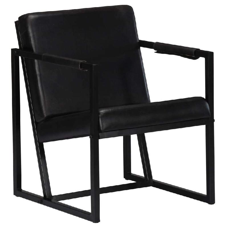 Fauteuil lounge design en cuir véritable noir - Siège club avec accoudoirs et structure en acier - 1102185/3_0