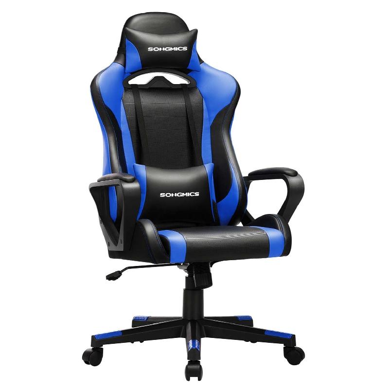 Fauteuil gamer ergonomique - support lombaire réglable, appui-tête amovible, dossier inclinable, charge 150 kg - Noir et bleu - 12_0001422_0