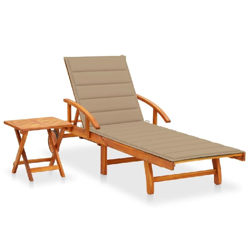 Helloshop26 - Transat chaise longue bain de soleil lit de jardin terrasse meuble d'extérieur avec table et coussin bois d'acacia 02_0012618 - marron_0