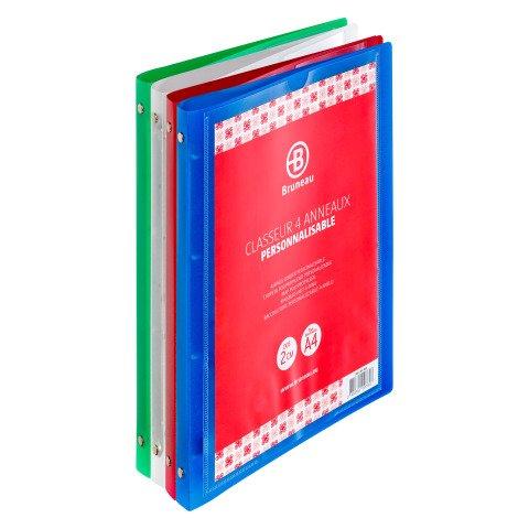 LOT DE 8 - CLASSEUR 4 ANNEAUX PLASTIFIÉ BRUNEAU PERSONNALISABLE A4 - DOS 2 CM COULEURS ASSORTIES TRANSLUCIDES