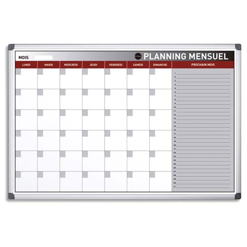 PLANNING MENSUEL PERPÉTUEL BLANC MAGNÉTIQUE EFFAÇABLE À SEC, CADRE ALUMINIUM L90 X H60 CM