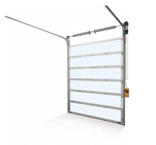 Porte sectionnelle industrielle vitrée - 40/60 mm - automatique - repliable en plafond - métal - hydrofuge - hermétique - isolation thermique - avec portillon_0