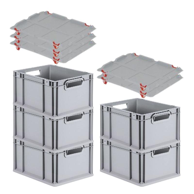 PROREGAL 5x Bac Euro NextGen Economy avec couvercle d'appui et 4 fermetures à glissière rouges poignées ouvertes 22x30x40cm 20L - noir plastique RM_0