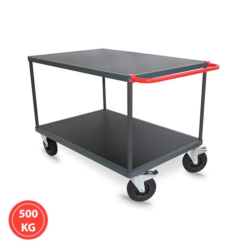 Servante d'atelier 2 plateaux bois - 300 et 500 kg - Format 1000 x 700 - Poignée rouge - Roulettes fixes et pivotantes - Marque Rolléco_0