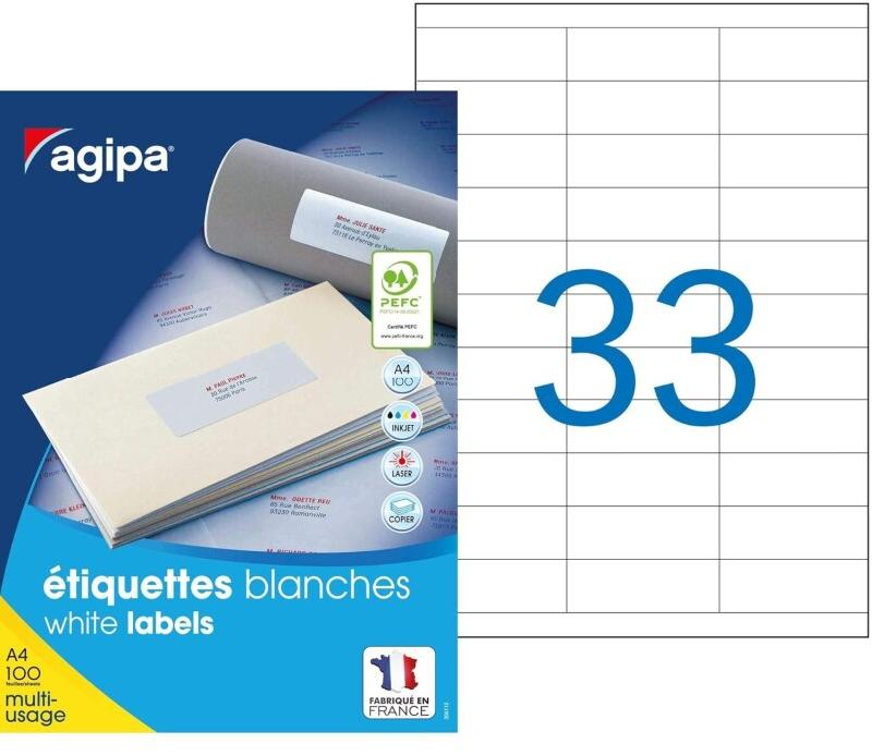 3300 étiquettes blanches multi-usage, format 70 x 25 mm (100 feuilles A4 / cdt) - 3270241190076_0