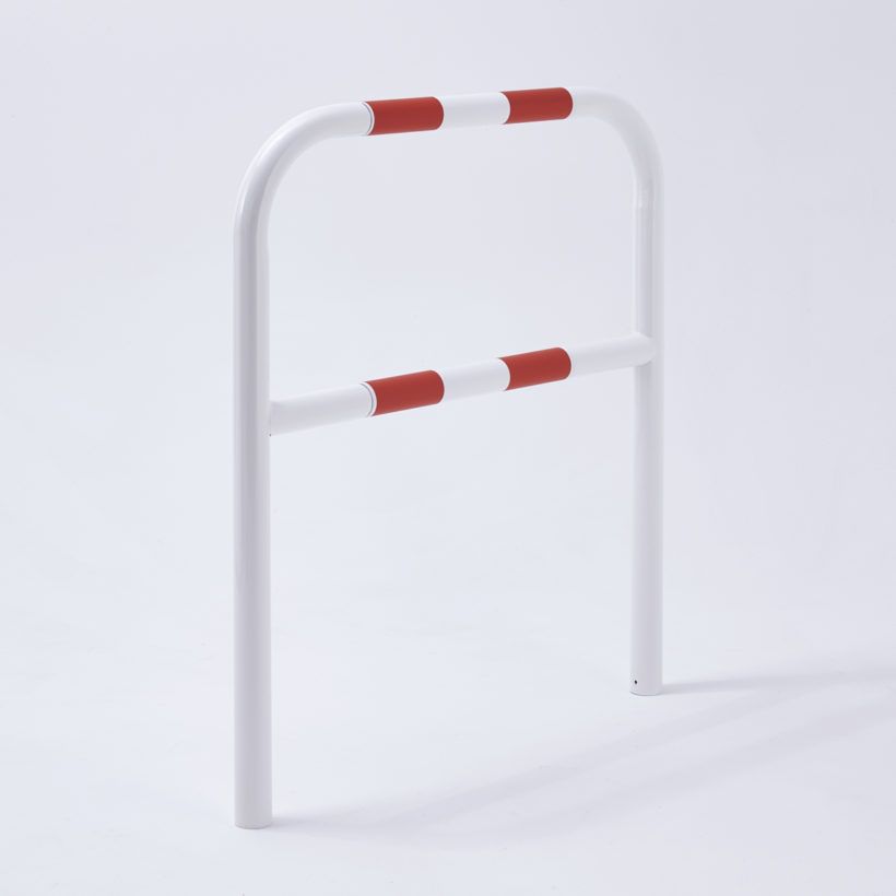 B356czbr - Barrières urbaines Mottez - à sceller - blanc avec 4 bandes rouges - diamètre 60mm, longueur 1m, hauteur 1,20m_0