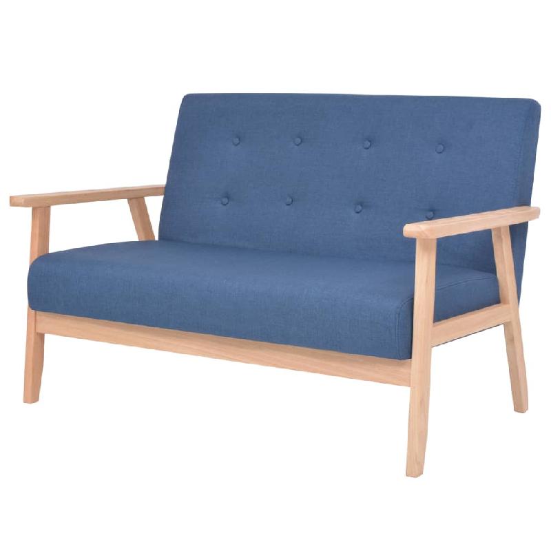 Ensemble de canapé 2 places et fauteuil en tissu bleu - cadre en bois massif - salon ou salle de séjour_0