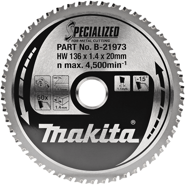 LAME SCIE CIRCULAIRE MÉTAL SPECIALIZED MAKITA DIAMÈTRE 136 MM ALÉSAGE 20 MM 50 DENTS