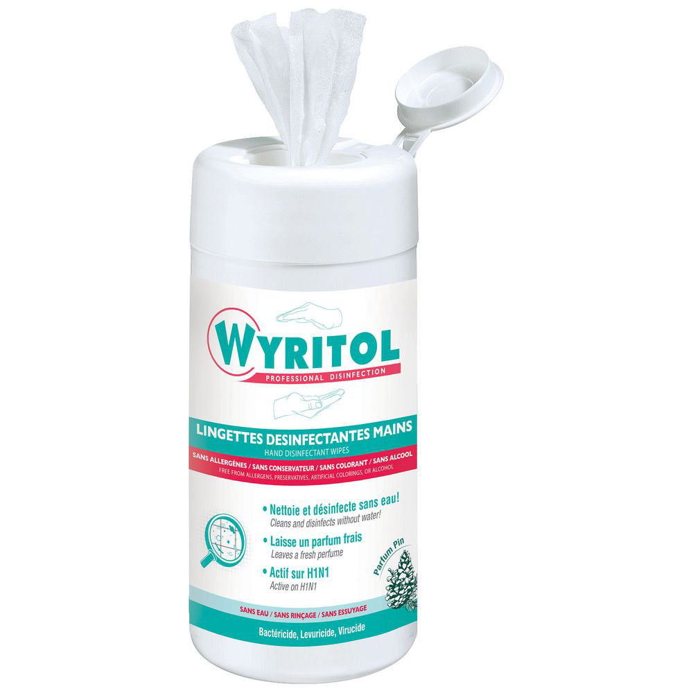 Boîte distributrice de 100 lingettes désinfectantes mains 2en1 Wyritol