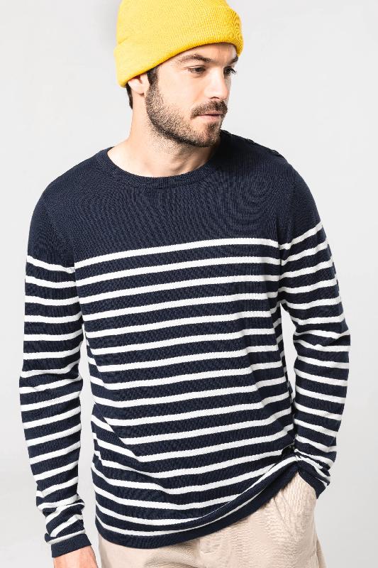 Pull marin homme - Kariban - 100% coton - Réf: K989 - Jauge 12 - Striped Navy / Off White_0