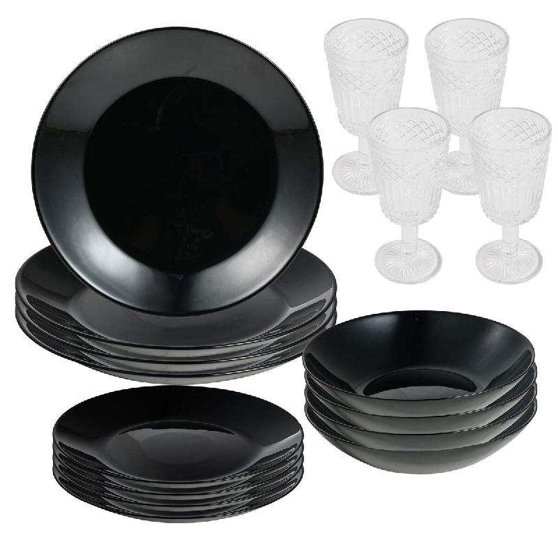 San Ignacio - Service de vaisselle 12 pièces noir en verre opalin avec lot de 4 verres à pied en cristal de 250 ml - noir Verre opale PK9442_0