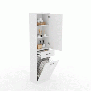 Merax Meuble de salle de bain 45 x 30 x 180.5 cm avec panier à linge, tiroir, étagères réglables et compartiment rabattable, blanc - blanc multi-m